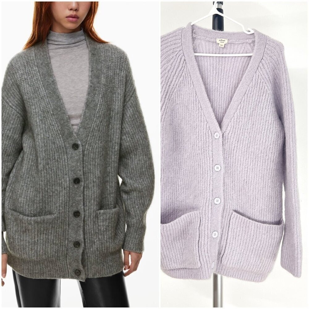 Sz XS Aritzia Wilfred Mohair Wool Blend Cardigan Sweater Purple V Neck Midi